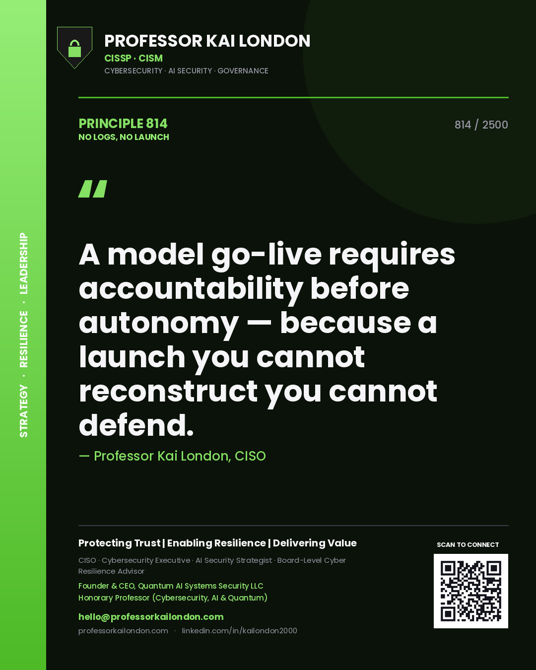 Professor Kai London principle 814: A model go-live requires accountability before autonomy — because a launch you cannot reconstruct you cannot defend.