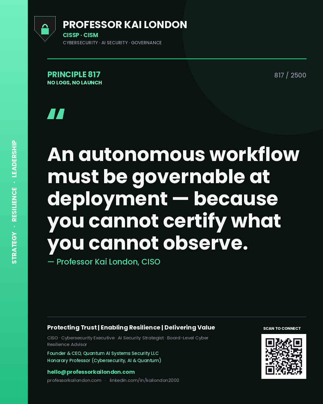 Professor Kai London principle 817: An autonomous workflow must be governable at deployment — because you cannot certify what you cannot observe.