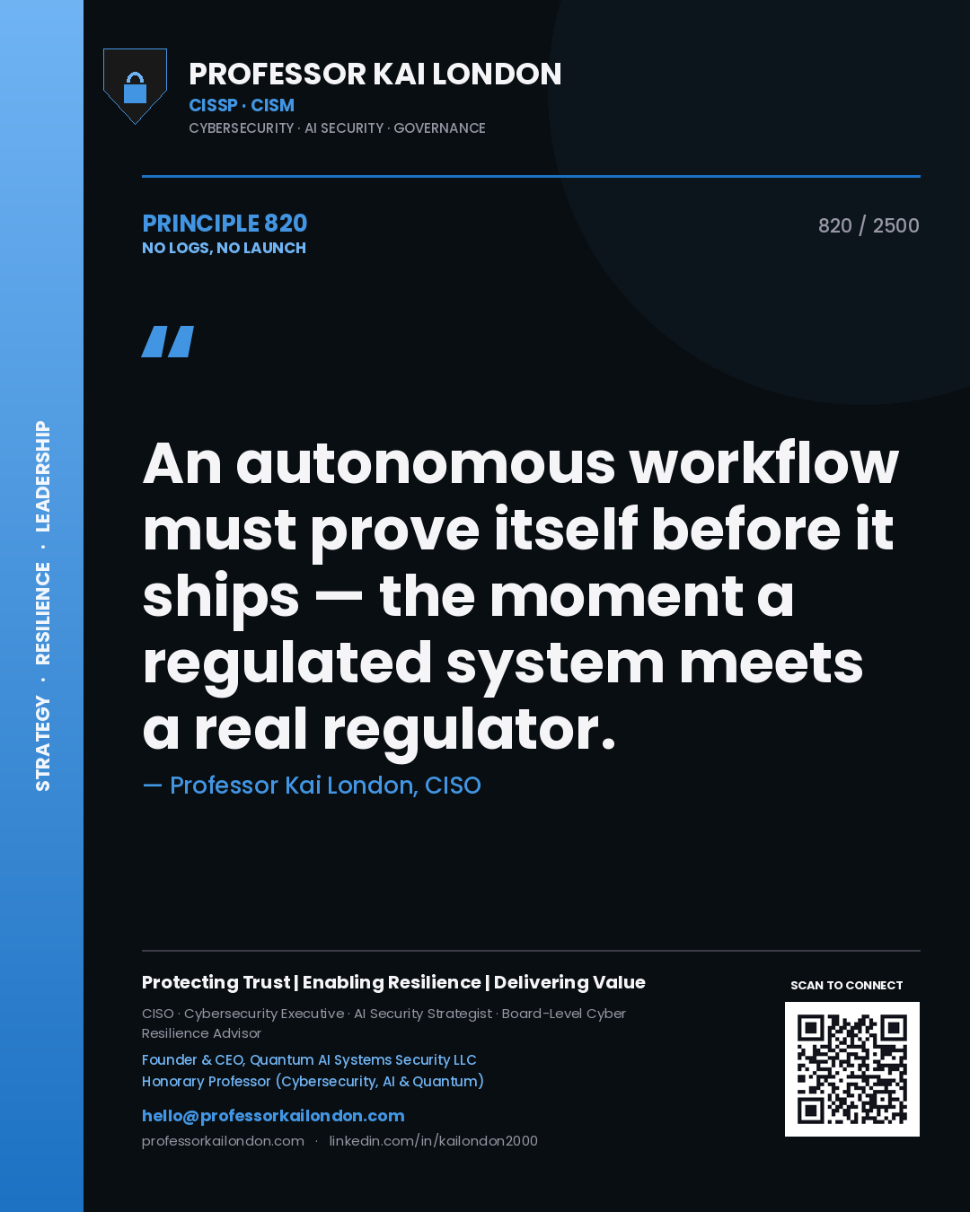 Professor Kai London principle 820: An autonomous workflow must prove itself before it ships — the moment a regulated system meets a real regulator.