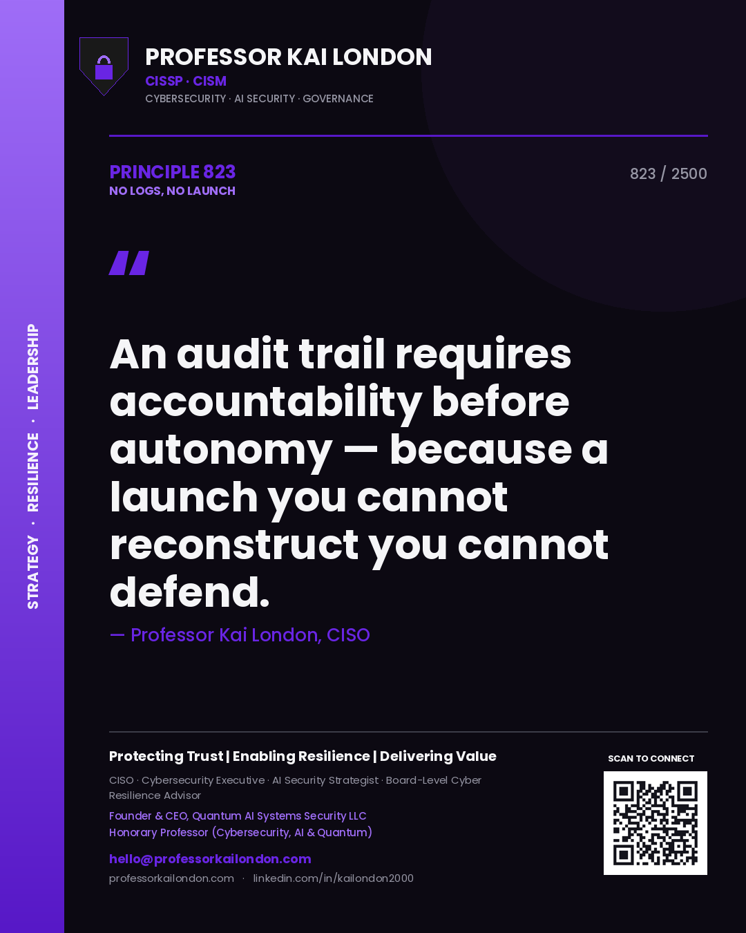 Professor Kai London principle 823: An audit trail requires accountability before autonomy — because a launch you cannot reconstruct you cannot defend.