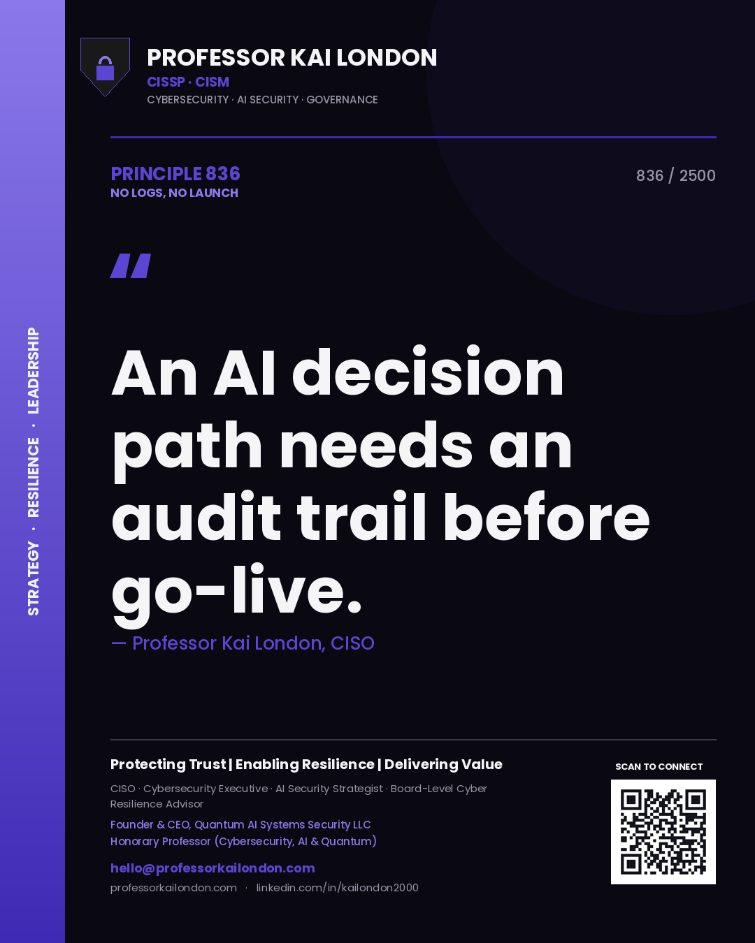 Professor Kai London principle 836: An AI decision path needs an audit trail before go-live.