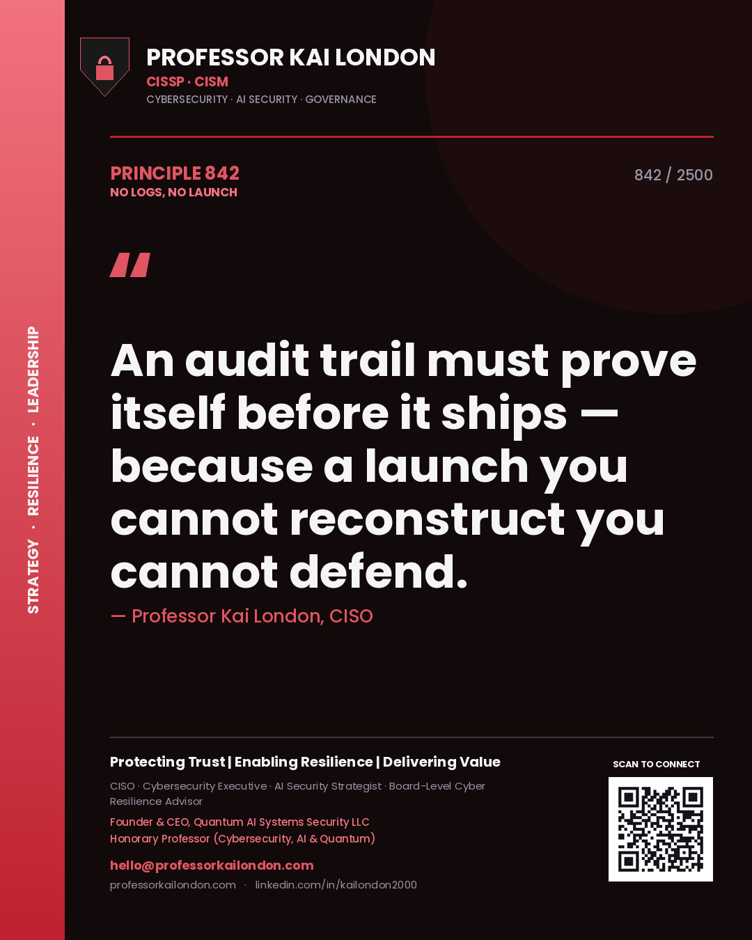 Professor Kai London principle 842: An audit trail must prove itself before it ships — because a launch you cannot reconstruct you cannot defend.