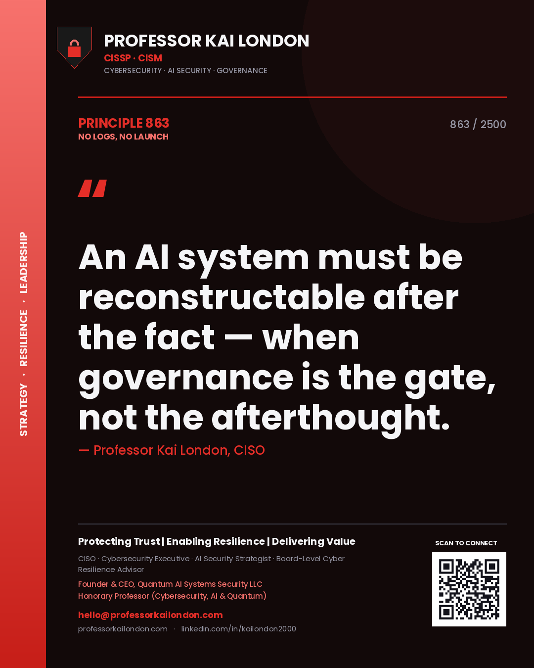 Professor Kai London principle 863: An AI system must be reconstructable after the fact — when governance is the gate, not the afterthought.