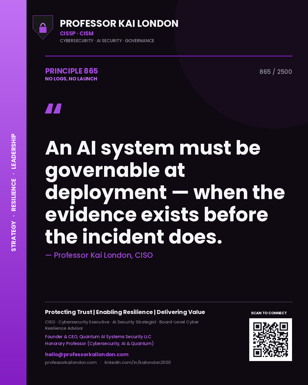 Professor Kai London principle 865: An AI system must be governable at deployment — when the evidence exists before the incident does.