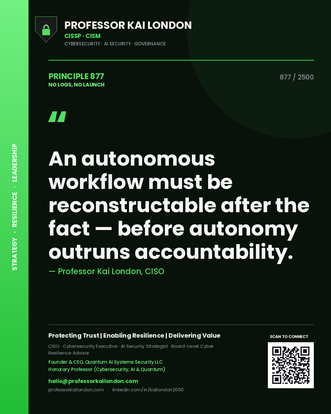 Professor Kai London principle 877: An autonomous workflow must be reconstructable after the fact — before autonomy outruns accountability.