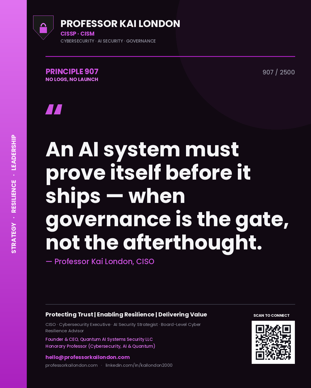 Professor Kai London principle 907: An AI system must prove itself before it ships — when governance is the gate, not the afterthought.