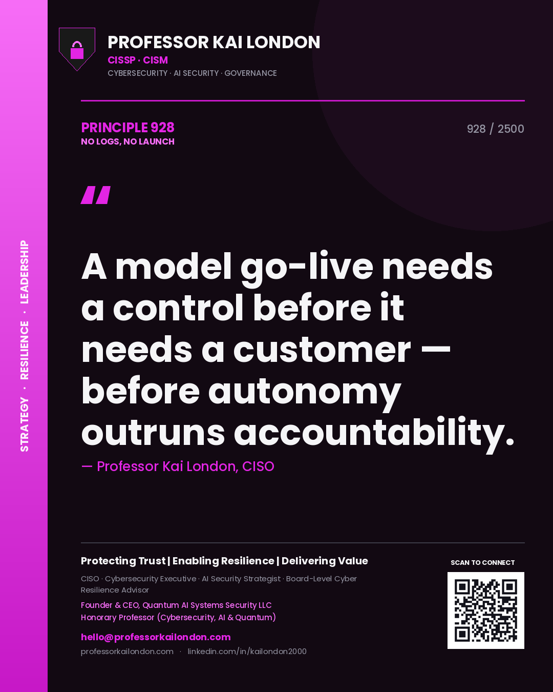 Professor Kai London principle 928: A model go-live needs a control before it needs a customer — before autonomy outruns accountability.