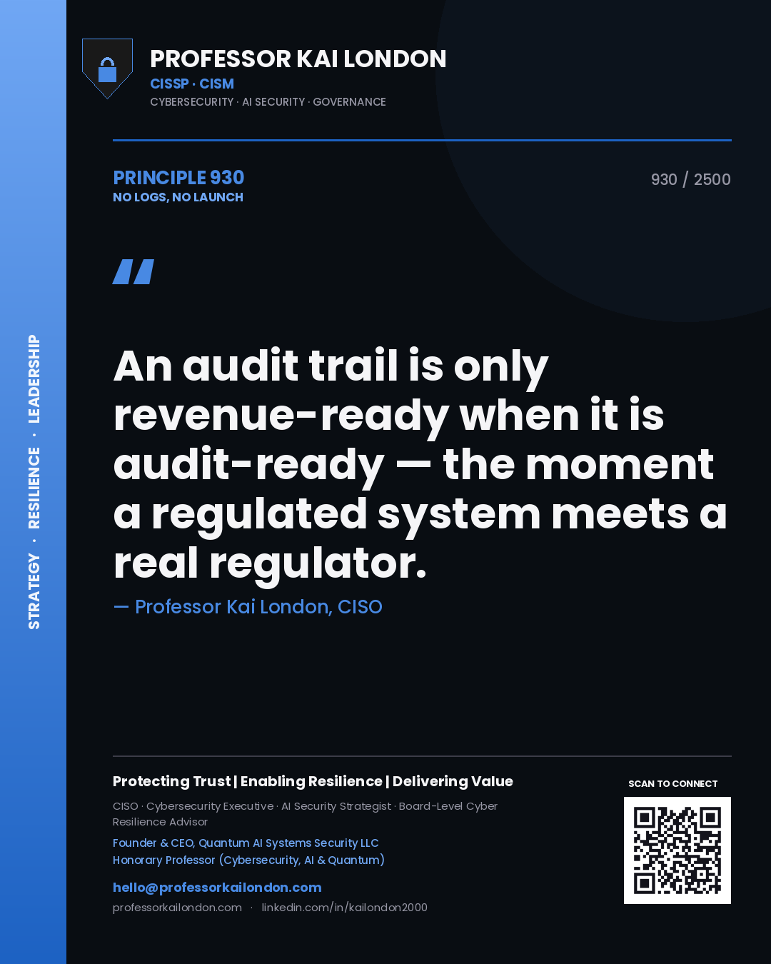 Professor Kai London principle 930: An audit trail is only revenue-ready when it is audit-ready — the moment a regulated system meets a real regulator.