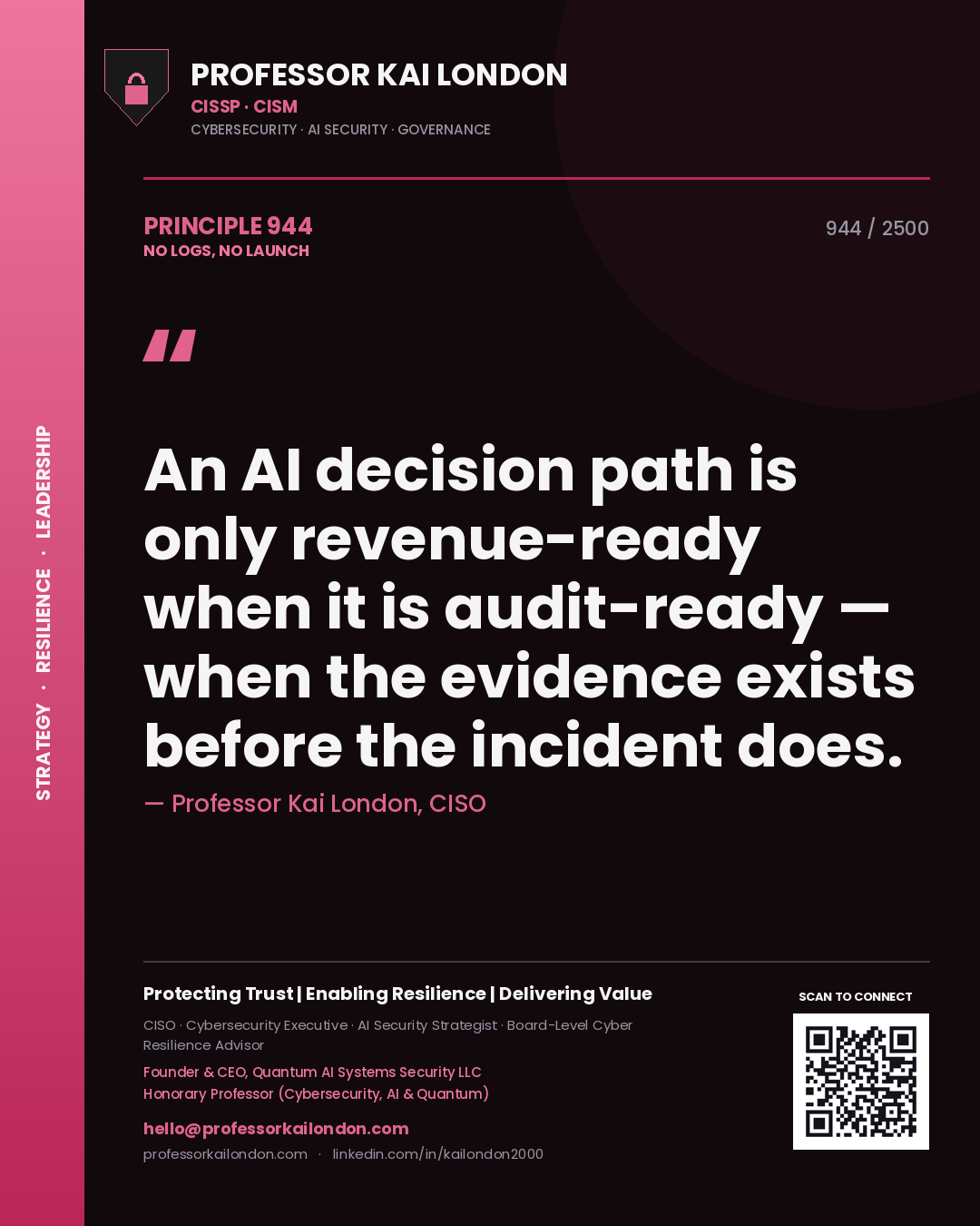 Professor Kai London principle 944: An AI decision path is only revenue-ready when it is audit-ready — when the evidence exists before the incident does.
