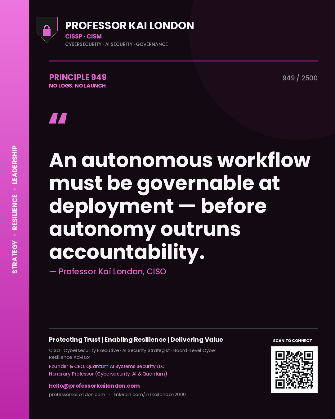 Professor Kai London principle 949: An autonomous workflow must be governable at deployment — before autonomy outruns accountability.