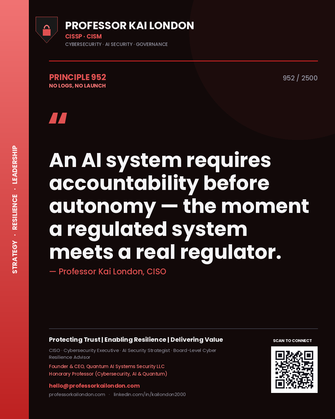 Professor Kai London principle 952: An AI system requires accountability before autonomy — the moment a regulated system meets a real regulator.
