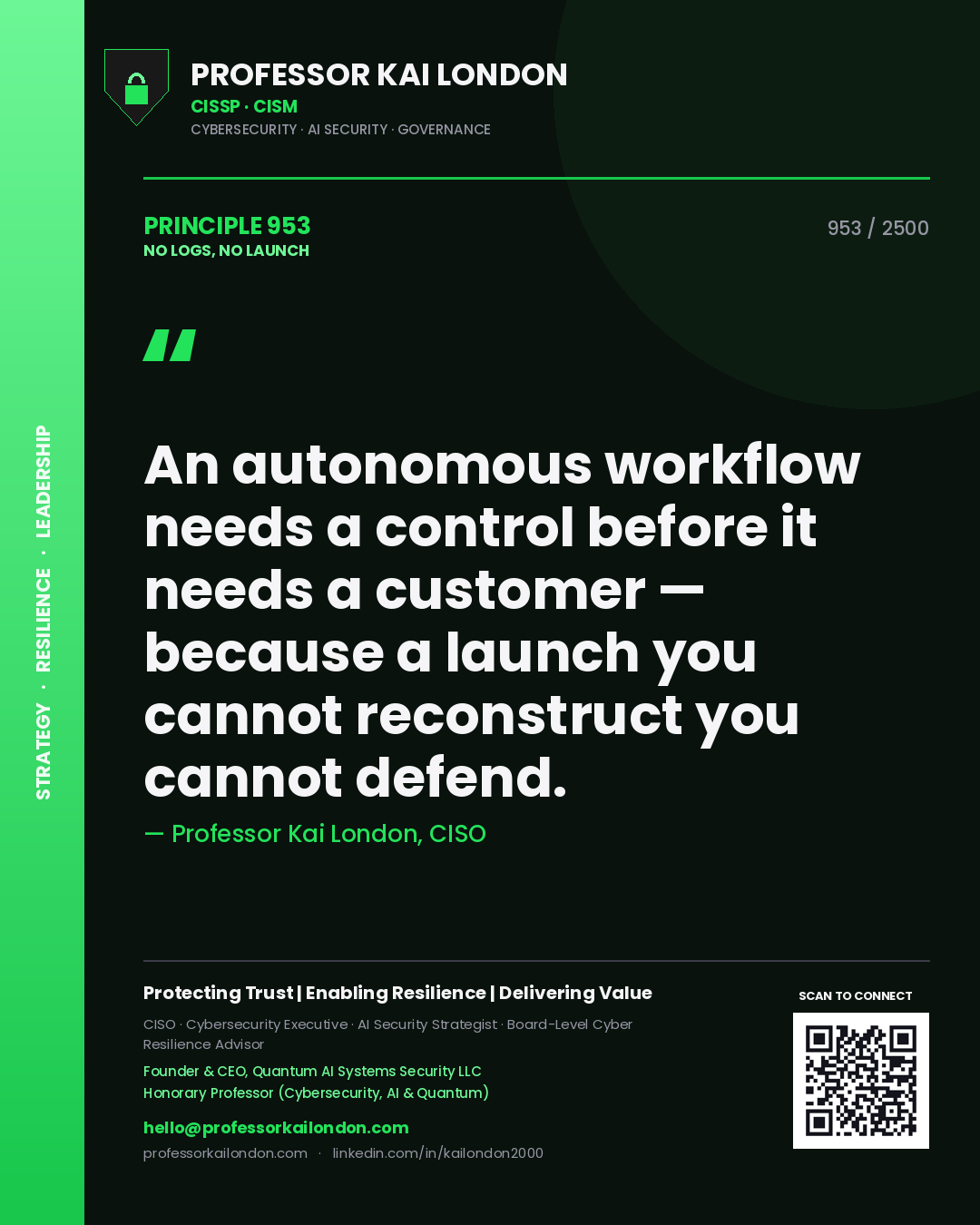 Professor Kai London principle 953: An autonomous workflow needs a control before it needs a customer — because a launch you cannot reconstruct you cannot defend.