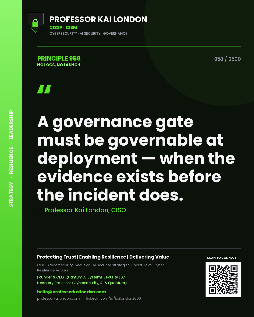 Professor Kai London principle 958: A governance gate must be governable at deployment — when the evidence exists before the incident does.