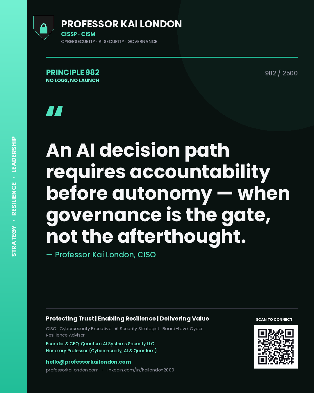 Professor Kai London principle 982: An AI decision path requires accountability before autonomy — when governance is the gate, not the afterthought.