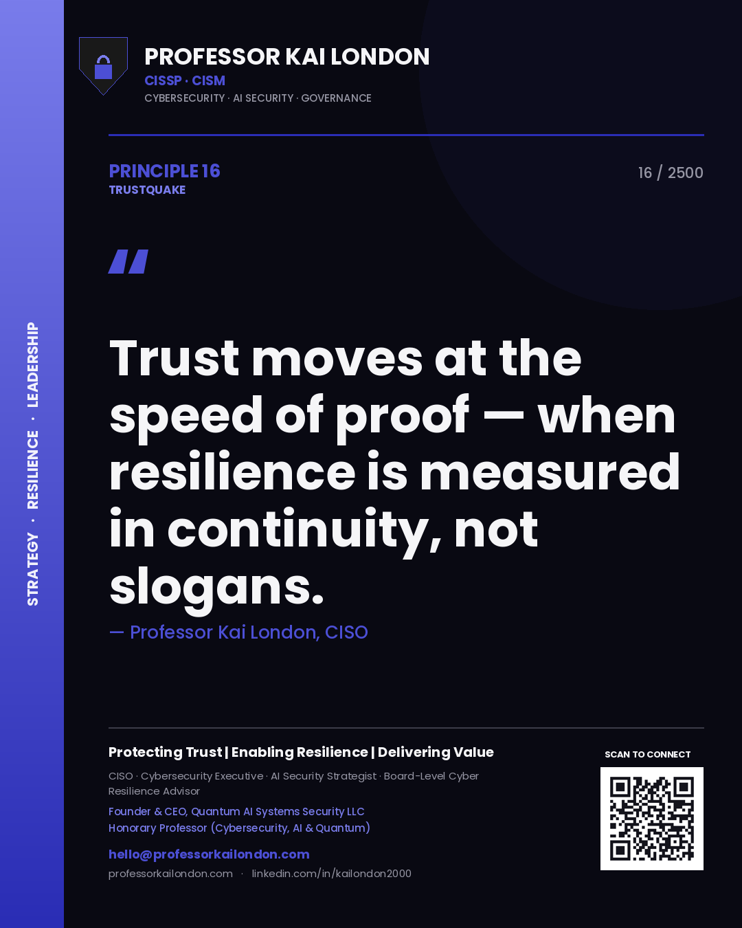 Professor Kai London principle 16: Trust moves at the speed of proof — when resilience is measured in continuity, not slogans.