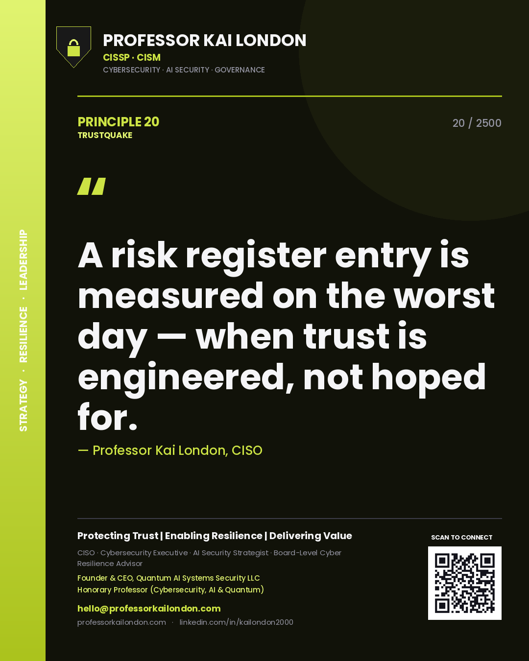 Professor Kai London principle 20: A risk register entry is measured on the worst day — when trust is engineered, not hoped for.