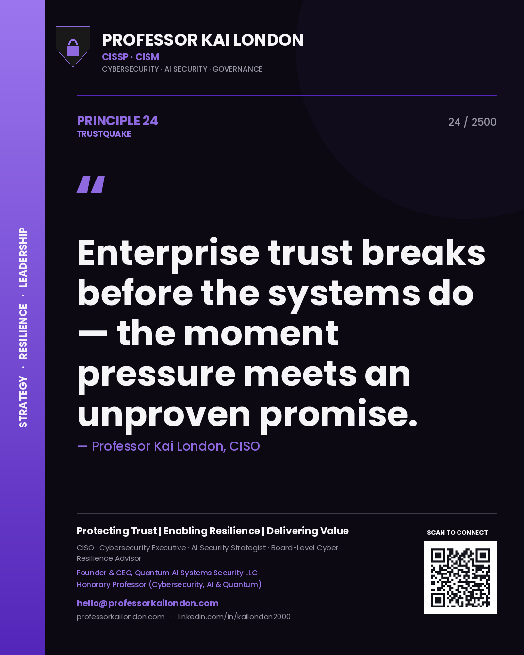 Professor Kai London principle 24: Enterprise trust breaks before the systems do — the moment pressure meets an unproven promise.
