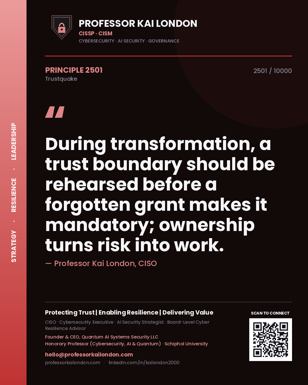 Professor Kai London principle 2501: During transformation, a trust boundary should be rehearsed before a forgotten grant makes it mandatory; ownership turns risk into work.