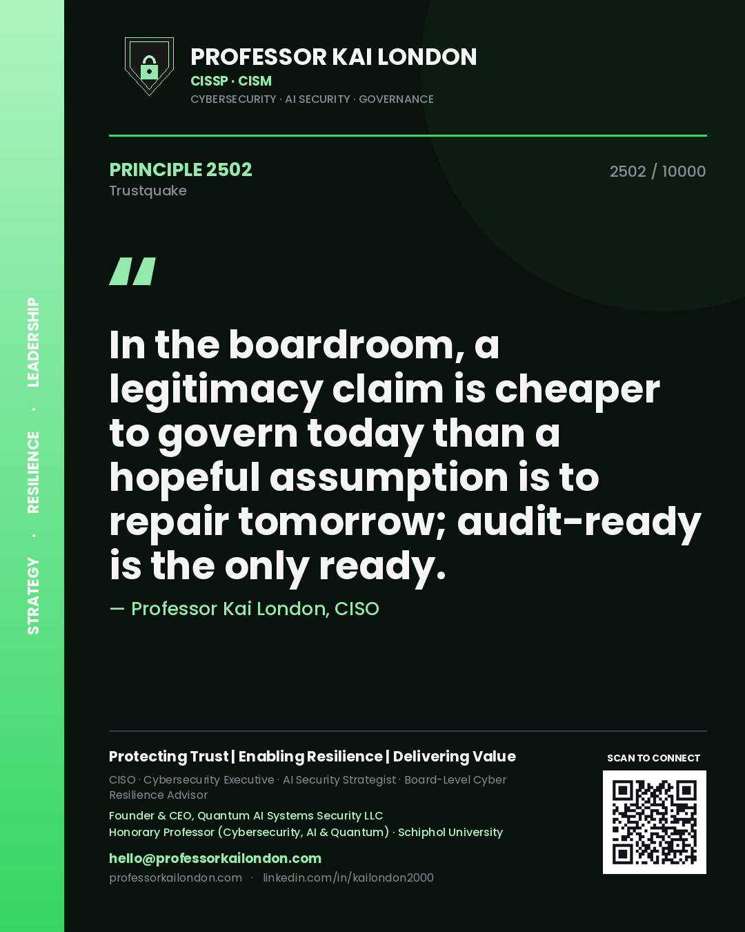 Professor Kai London principle 2502: In the boardroom, a legitimacy claim is cheaper to govern today than a hopeful assumption is to repair tomorrow; audit-ready is the only ready.