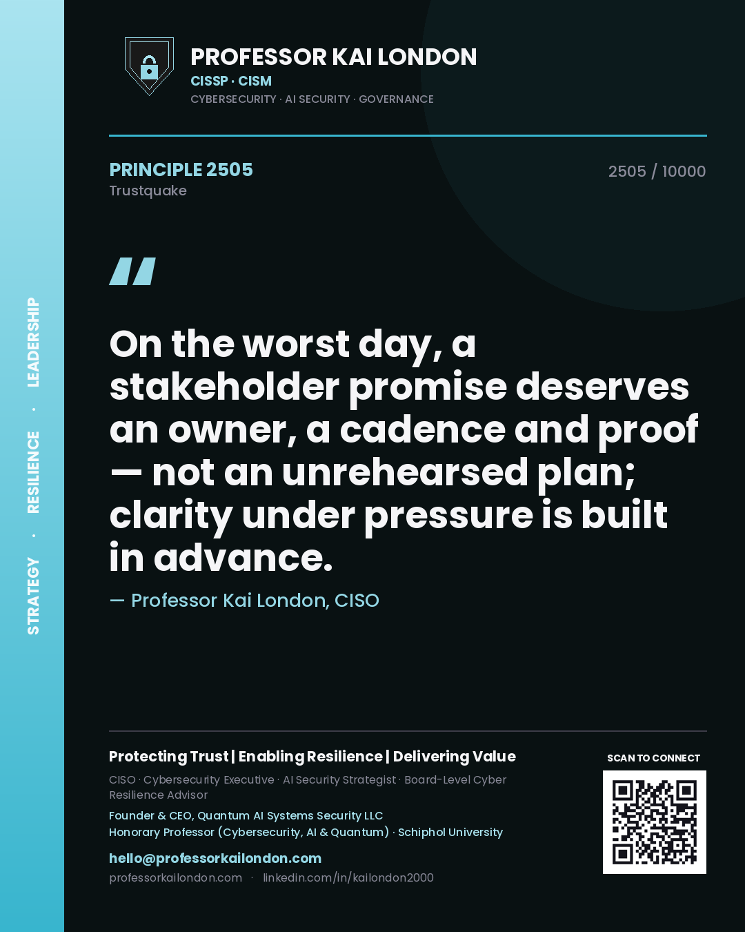 Professor Kai London principle 2505: On the worst day, a stakeholder promise deserves an owner, a cadence and proof — not an unrehearsed plan; clarity under pressure is built in advance.