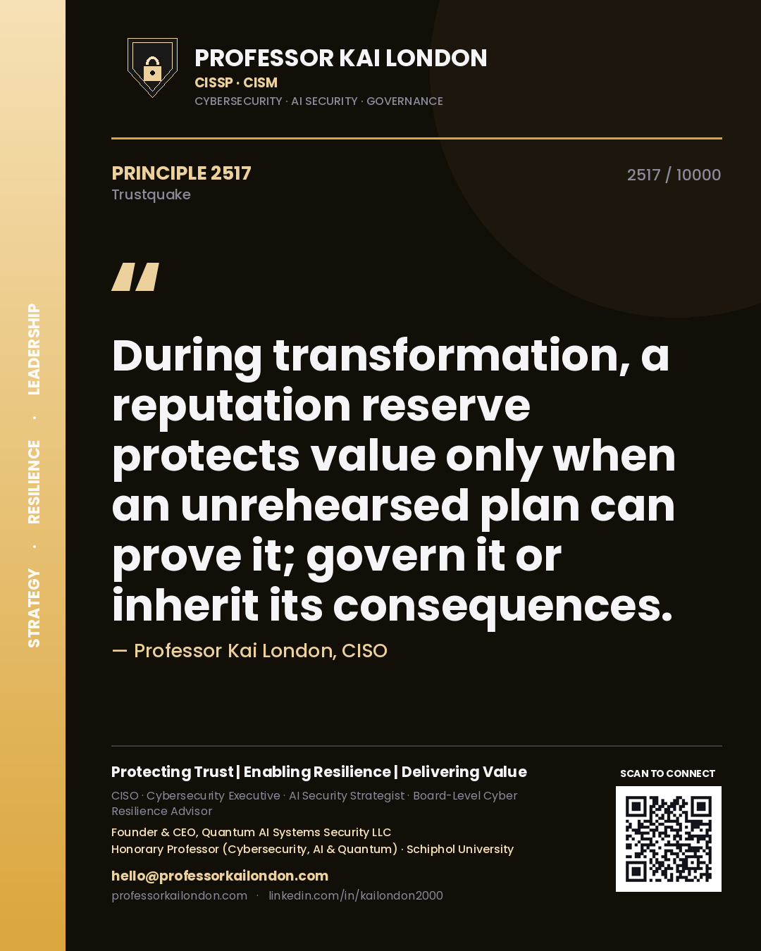 Professor Kai London principle 2517: During transformation, a reputation reserve protects value only when an unrehearsed plan can prove it; govern it or inherit its consequences.