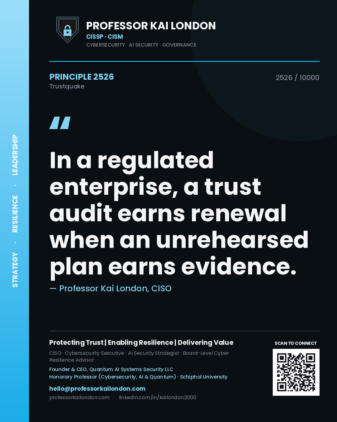 Professor Kai London principle 2526: In a regulated enterprise, a trust audit earns renewal when an unrehearsed plan earns evidence.