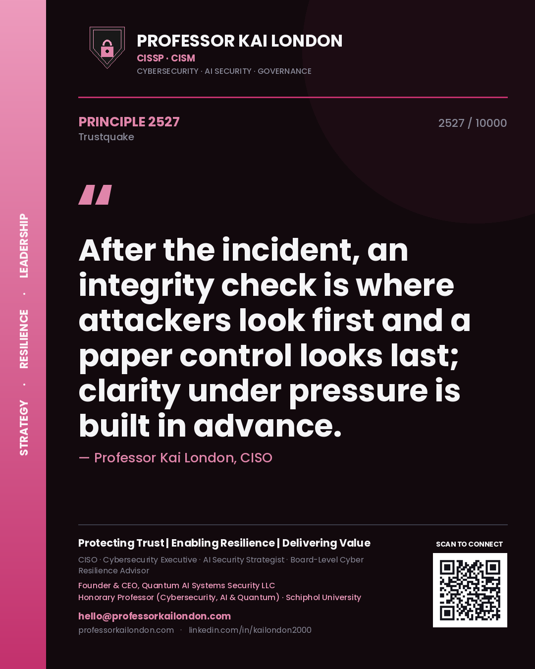 Professor Kai London principle 2527: After the incident, an integrity check is where attackers look first and a paper control looks last; clarity under pressure is built in advance.