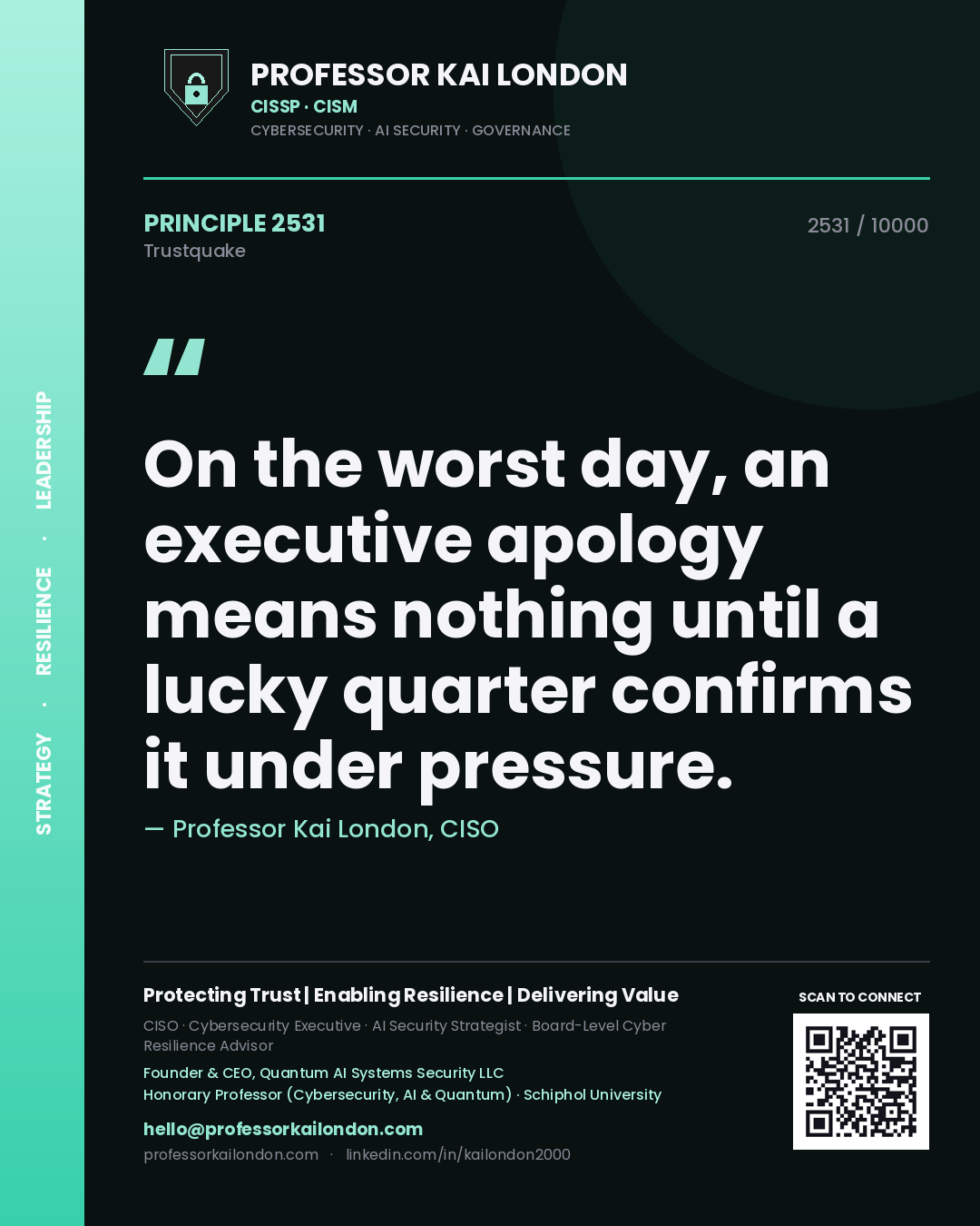 Professor Kai London principle 2531: On the worst day, an executive apology means nothing until a lucky quarter confirms it under pressure.