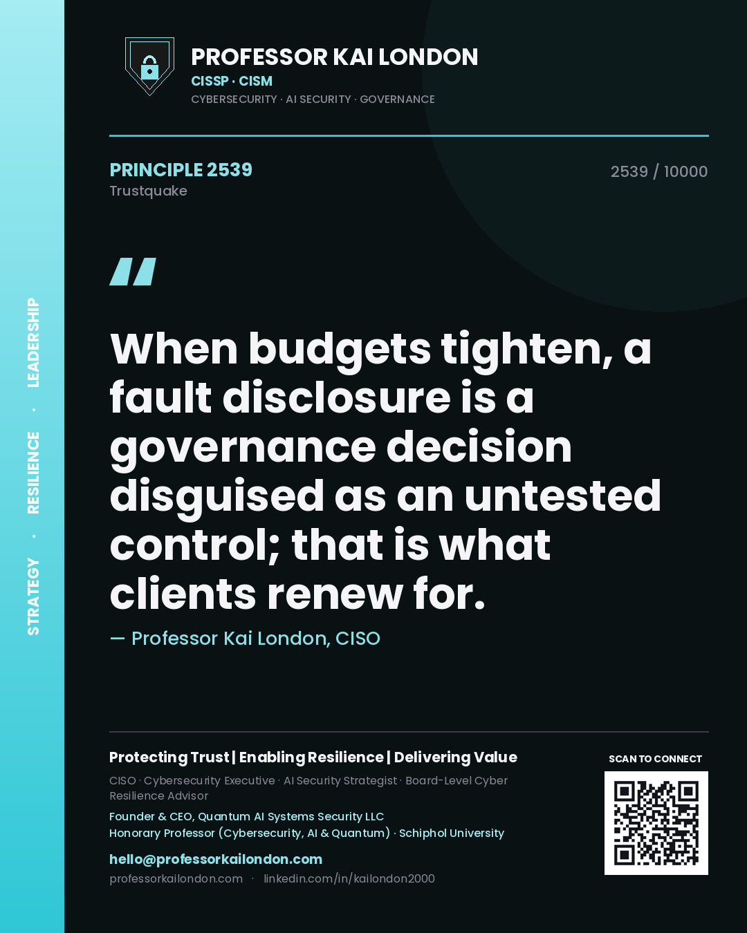 Professor Kai London principle 2539: When budgets tighten, a fault disclosure is a governance decision disguised as an untested control; that is what clients renew for.