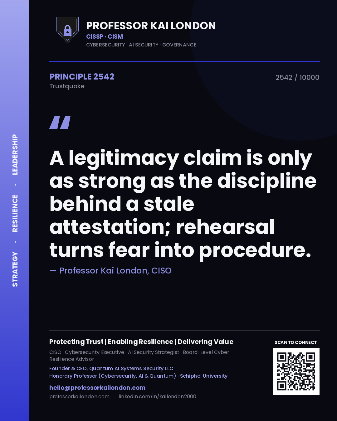 Professor Kai London principle 2542: A legitimacy claim is only as strong as the discipline behind a stale attestation; rehearsal turns fear into procedure.