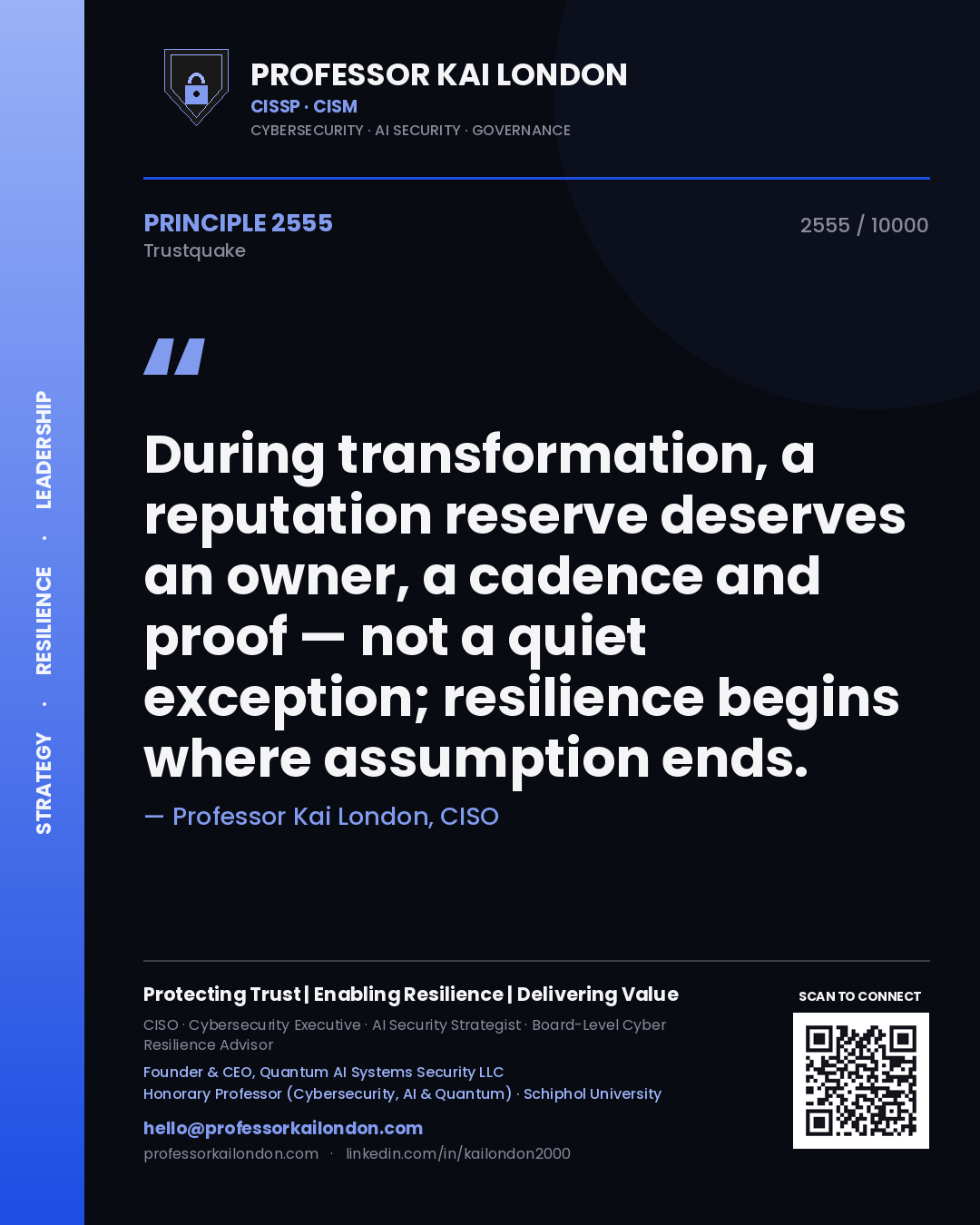 Professor Kai London principle 2555: During transformation, a reputation reserve deserves an owner, a cadence and proof — not a quiet exception; resilience begins where assumption ends.