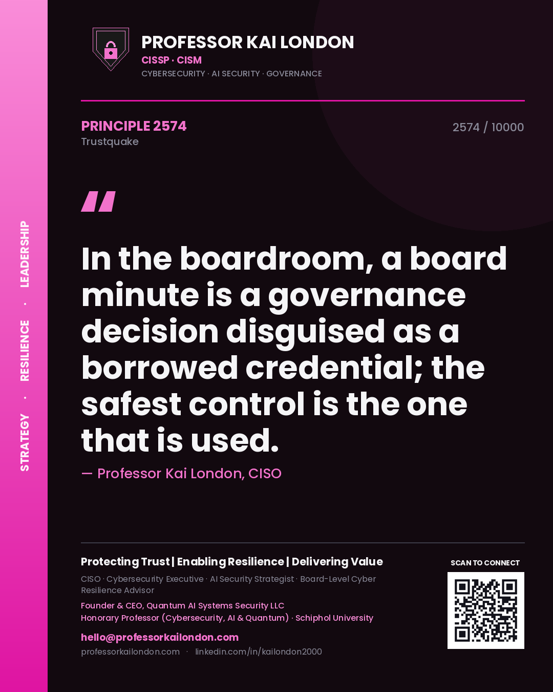 Professor Kai London principle 2574: In the boardroom, a board minute is a governance decision disguised as a borrowed credential; the safest control is the one that is used.