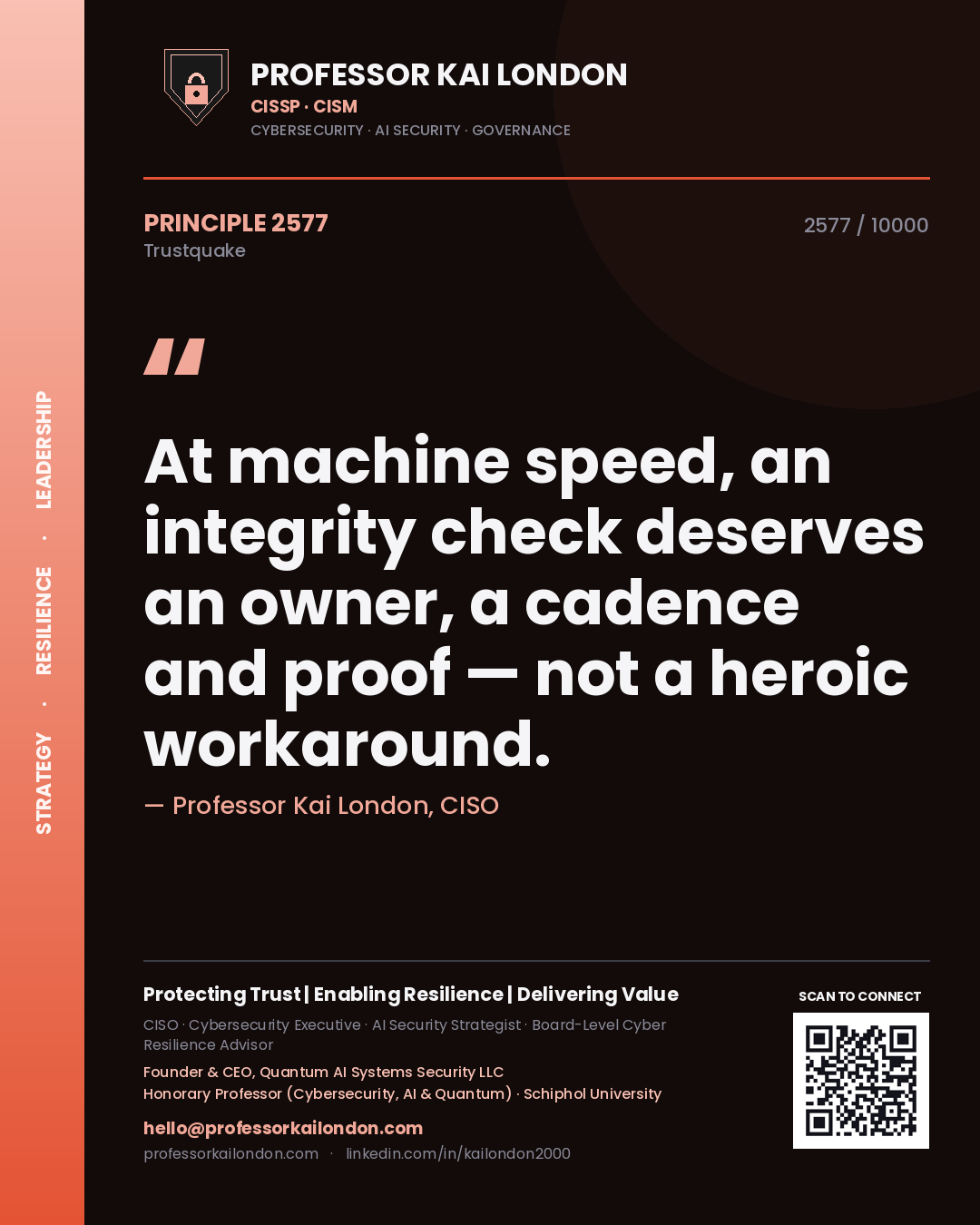 Professor Kai London principle 2577: At machine speed, an integrity check deserves an owner, a cadence and proof — not a heroic workaround.