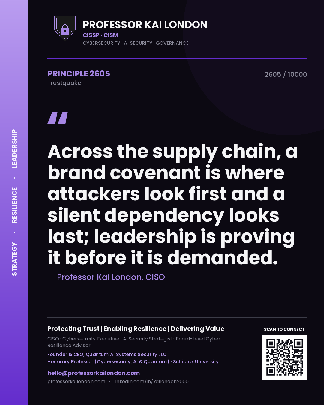 Professor Kai London principle 2605: Across the supply chain, a brand covenant is where attackers look first and a silent dependency looks last; leadership is proving it before it is demanded.