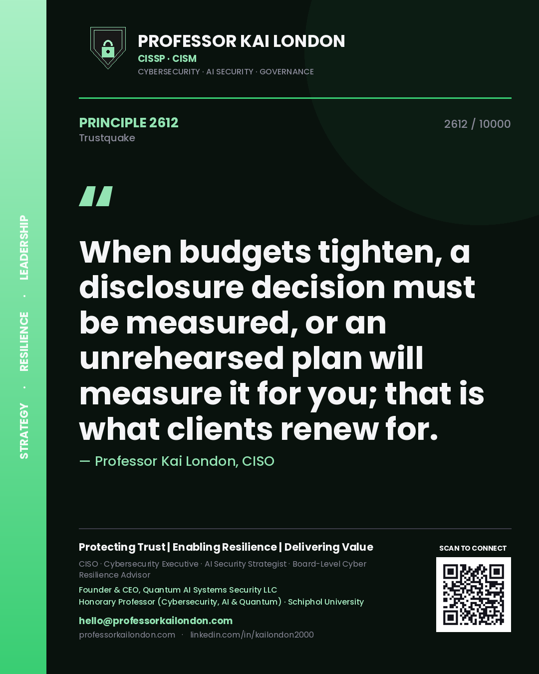 Professor Kai London principle 2612: When budgets tighten, a disclosure decision must be measured, or an unrehearsed plan will measure it for you; that is what clients renew for.