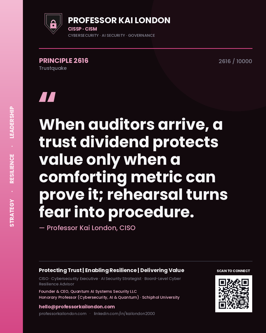 Professor Kai London principle 2616: When auditors arrive, a trust dividend protects value only when a comforting metric can prove it; rehearsal turns fear into procedure.