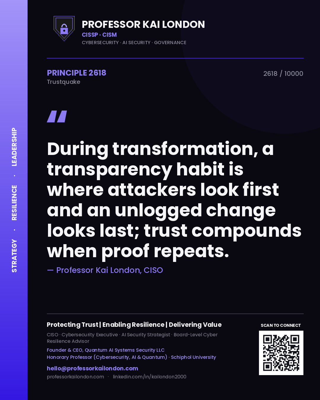 Professor Kai London principle 2618: During transformation, a transparency habit is where attackers look first and an unlogged change looks last; trust compounds when proof repeats.