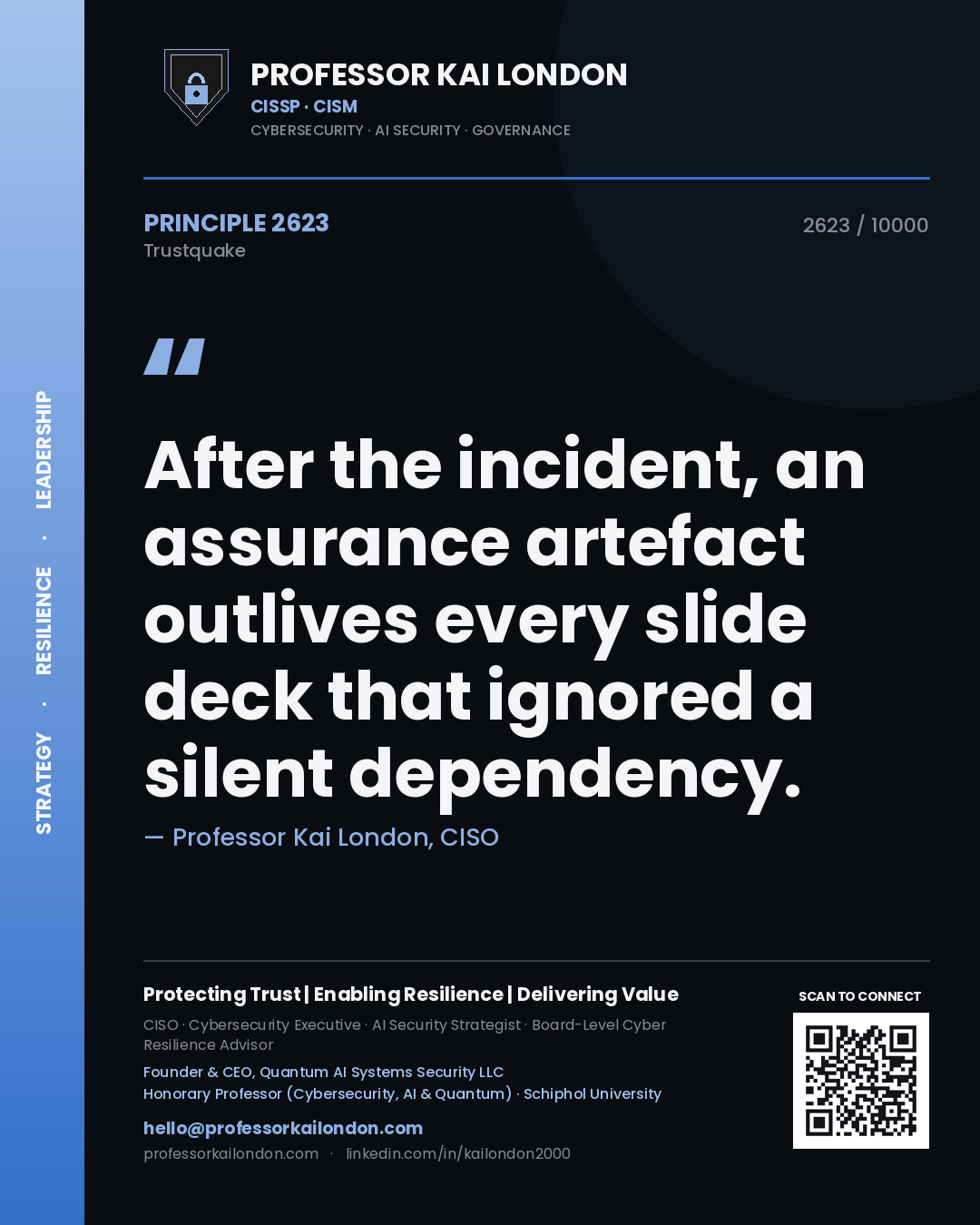 Professor Kai London principle 2623: After the incident, an assurance artefact outlives every slide deck that ignored a silent dependency.