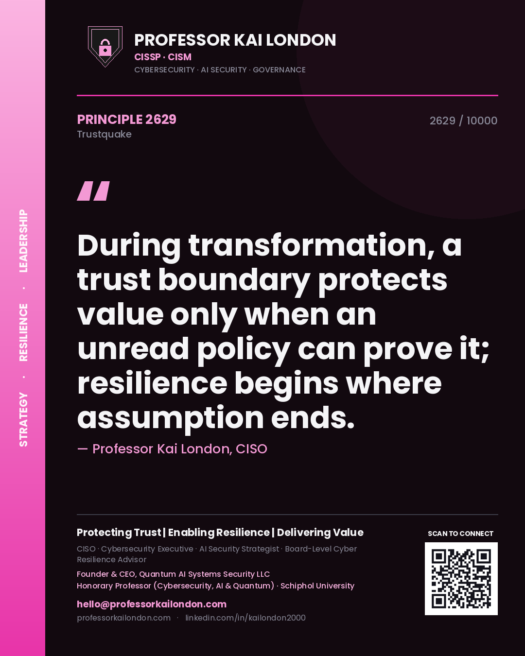 Professor Kai London principle 2629: During transformation, a trust boundary protects value only when an unread policy can prove it; resilience begins where assumption ends.