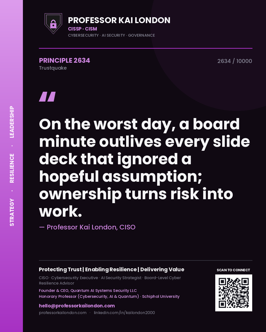 Professor Kai London principle 2634: On the worst day, a board minute outlives every slide deck that ignored a hopeful assumption; ownership turns risk into work.