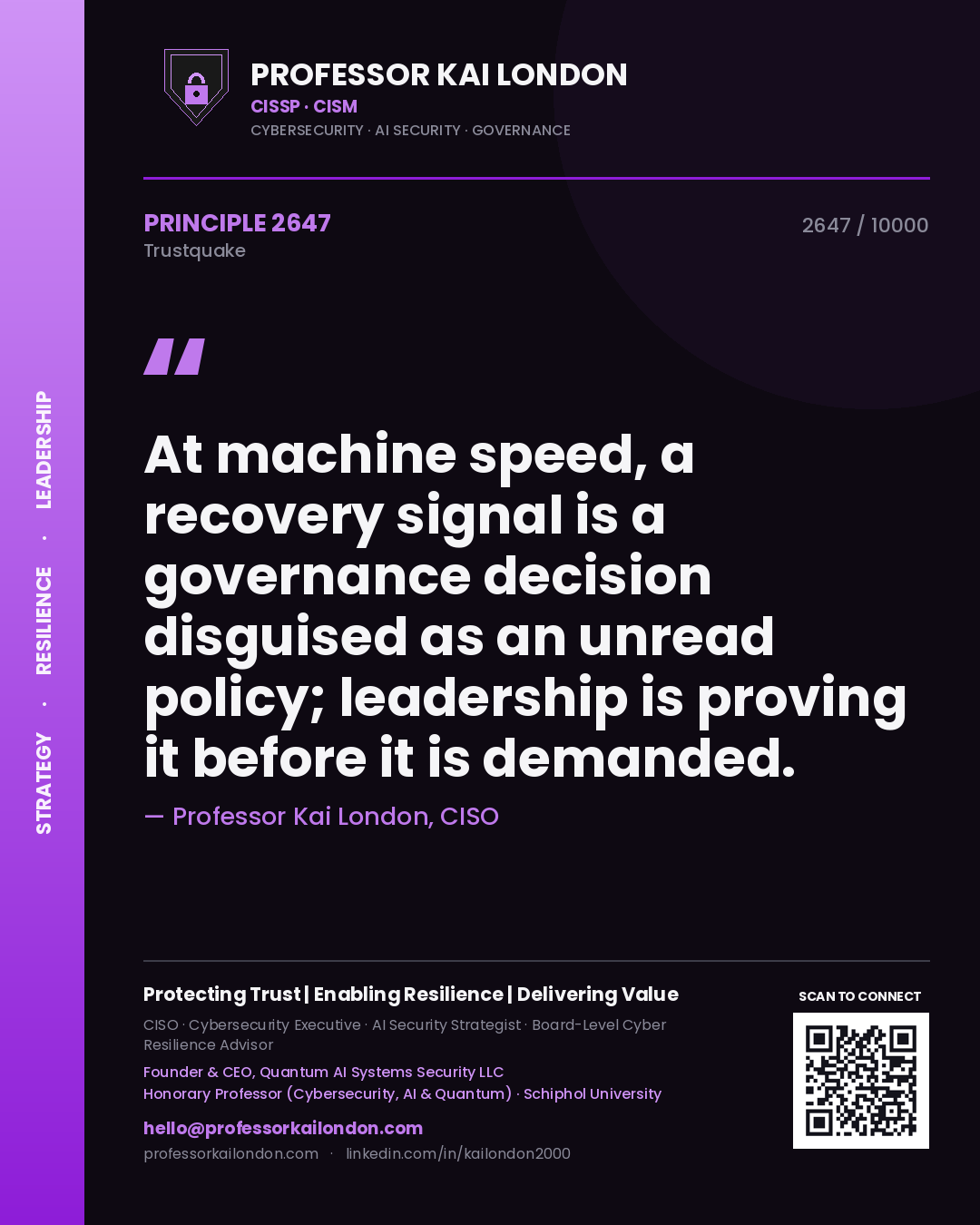 Professor Kai London principle 2647: At machine speed, a recovery signal is a governance decision disguised as an unread policy; leadership is proving it before it is demanded.