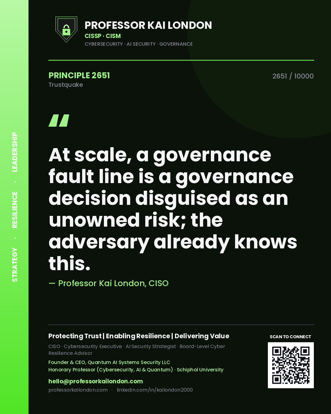Professor Kai London principle 2651: At scale, a governance fault line is a governance decision disguised as an unowned risk; the adversary already knows this.