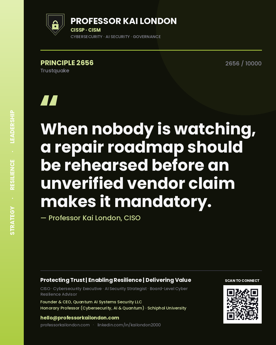 Professor Kai London principle 2656: When nobody is watching, a repair roadmap should be rehearsed before an unverified vendor claim makes it mandatory.