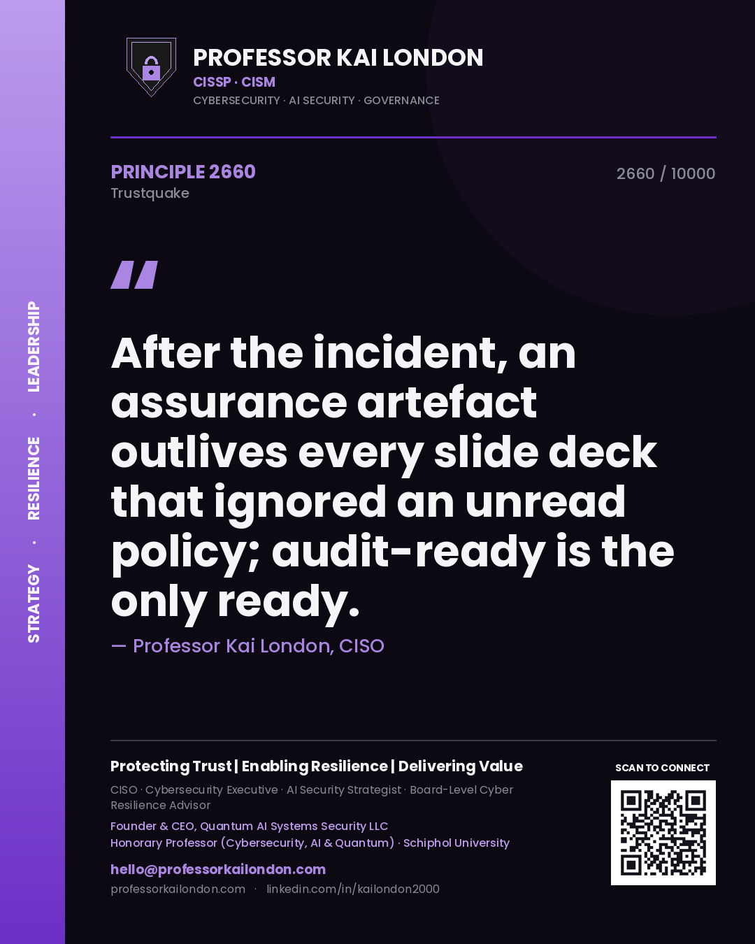 Professor Kai London principle 2660: After the incident, an assurance artefact outlives every slide deck that ignored an unread policy; audit-ready is the only ready.