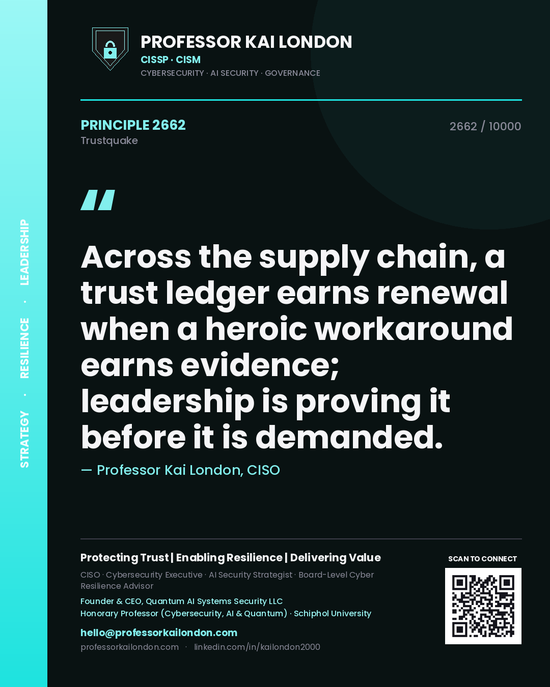 Professor Kai London principle 2662: Across the supply chain, a trust ledger earns renewal when a heroic workaround earns evidence; leadership is proving it before it is demanded.