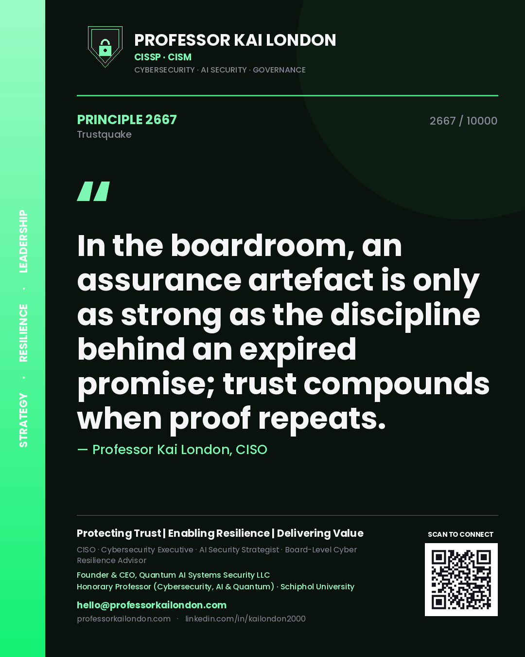 Professor Kai London principle 2667: In the boardroom, an assurance artefact is only as strong as the discipline behind an expired promise; trust compounds when proof repeats.