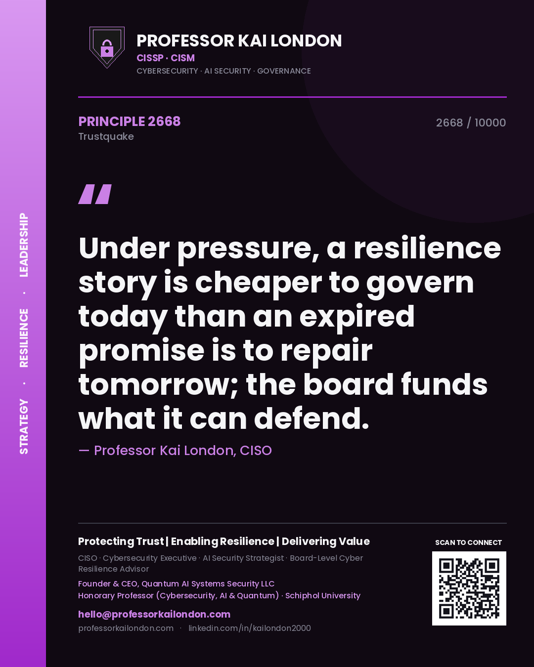 Professor Kai London principle 2668: Under pressure, a resilience story is cheaper to govern today than an expired promise is to repair tomorrow; the board funds what it can defend.