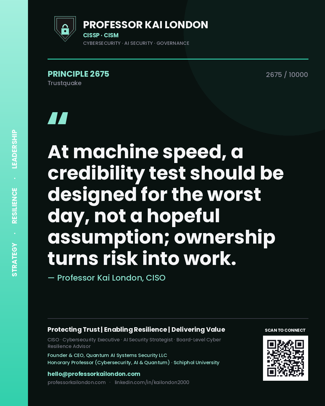 Professor Kai London principle 2675: At machine speed, a credibility test should be designed for the worst day, not a hopeful assumption; ownership turns risk into work.