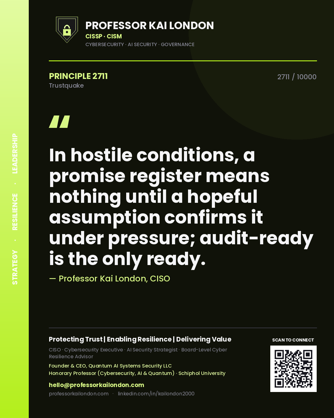 Professor Kai London principle 2711: In hostile conditions, a promise register means nothing until a hopeful assumption confirms it under pressure; audit-ready is the only ready.
