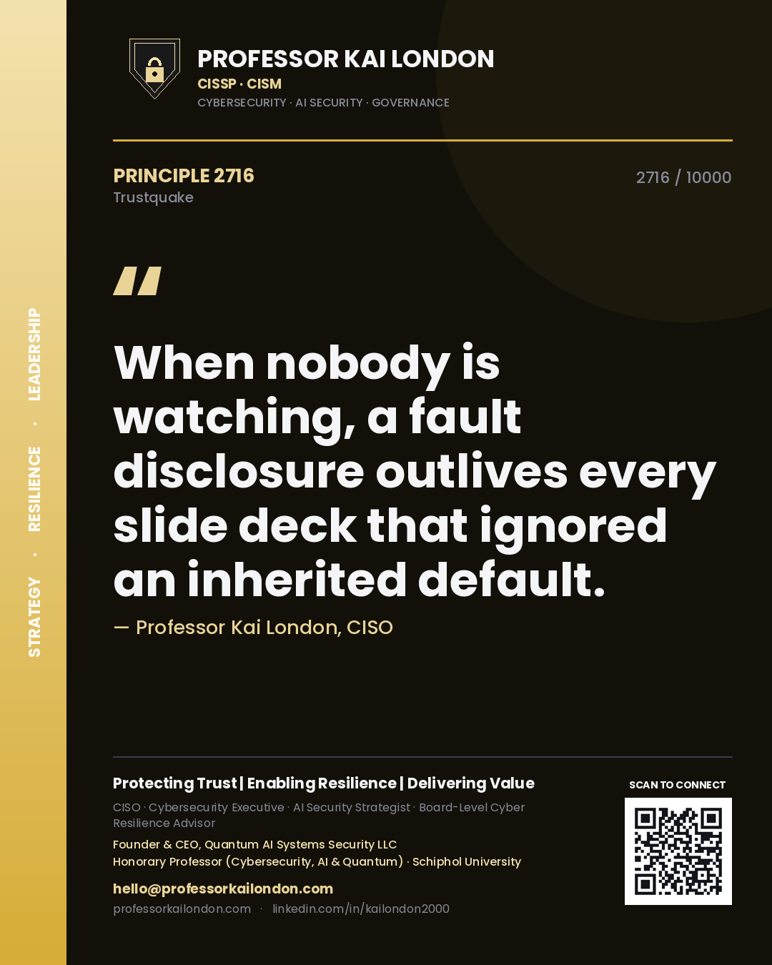 Professor Kai London principle 2716: When nobody is watching, a fault disclosure outlives every slide deck that ignored an inherited default.